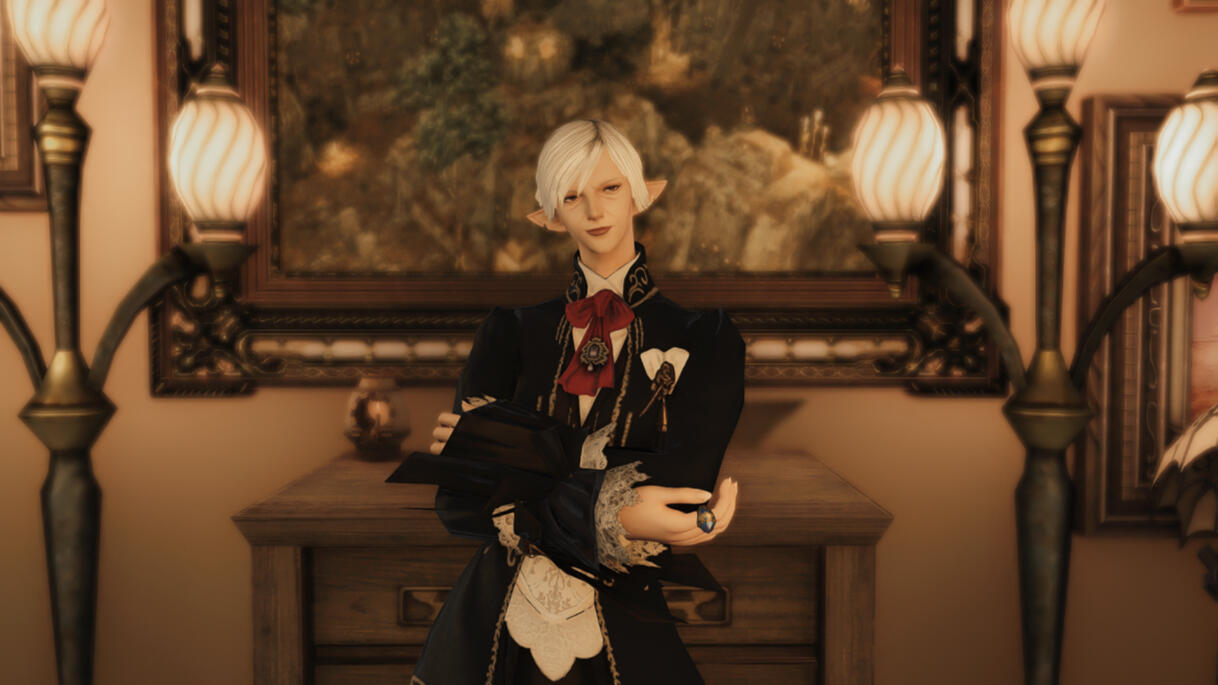 The Dowager stands with her arms crossed in a warmly-lit room, in front of a sideboard and large framed picture, smirking to herself in self-satisfaction.