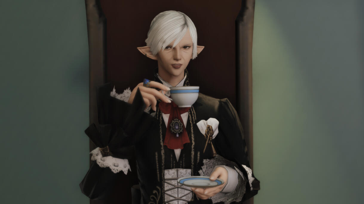 The Dowager with fine lines on her face and white-blonde hair takes a sip of tea with a rather obvious expression of disdain on her face.